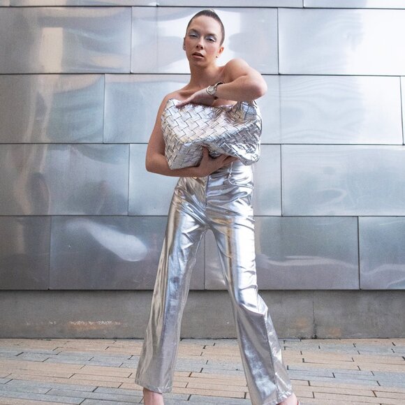 Pants - Silver Metallic Straight Leg Pants | S